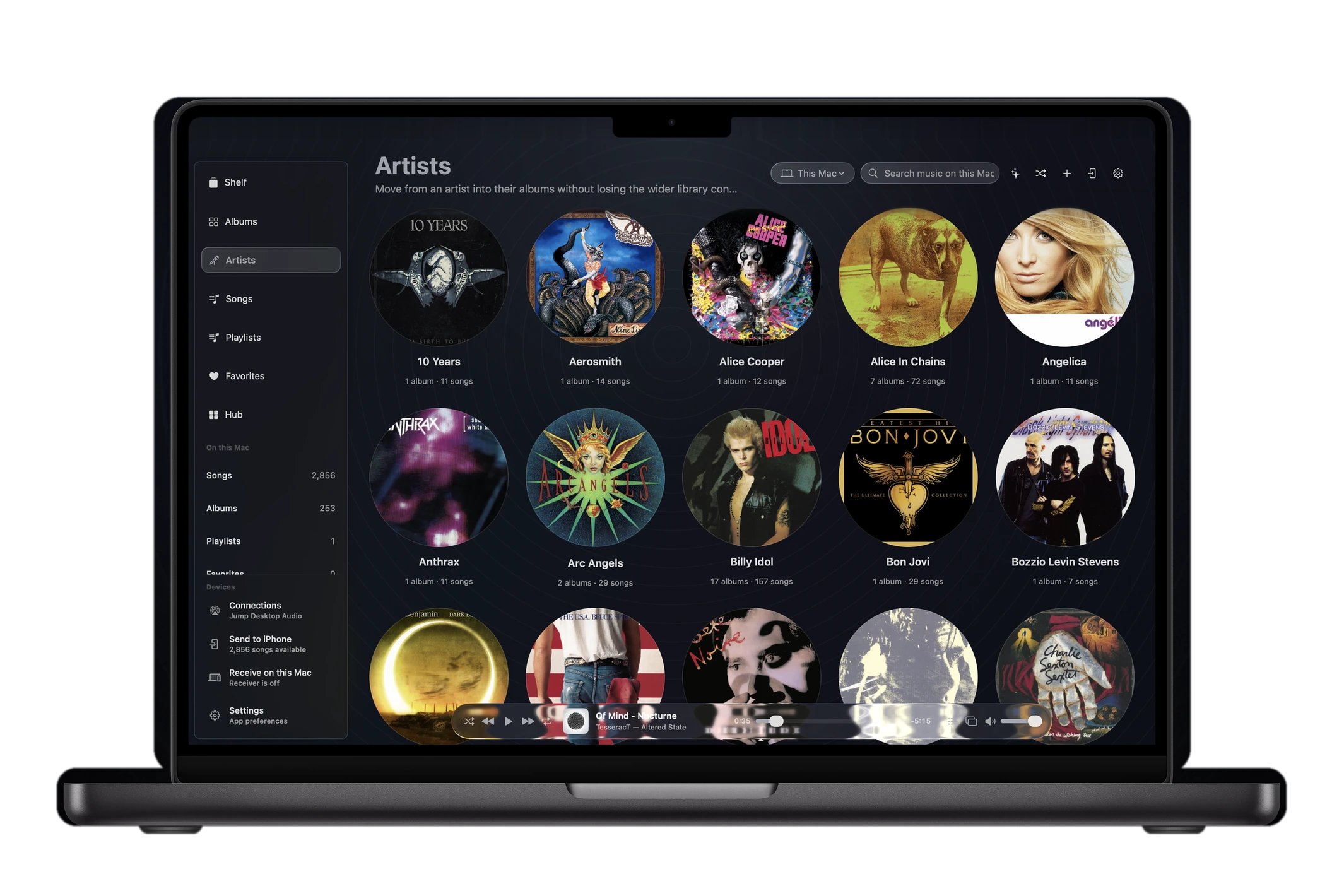 The Artists view in aud-io for Mac shown on a MacBook Pro