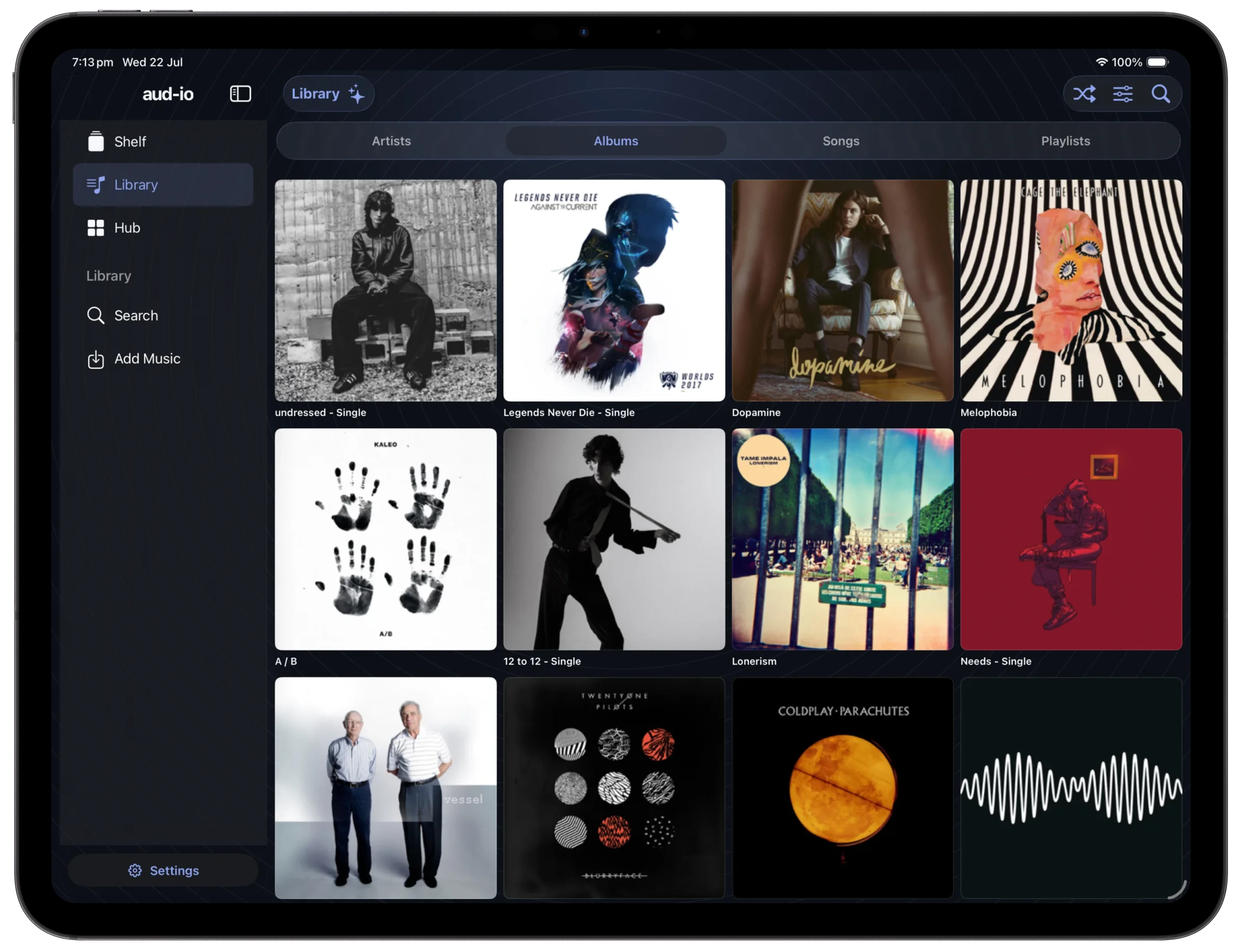 Library view in aud-io shown on an iPad Pro 13-inch
