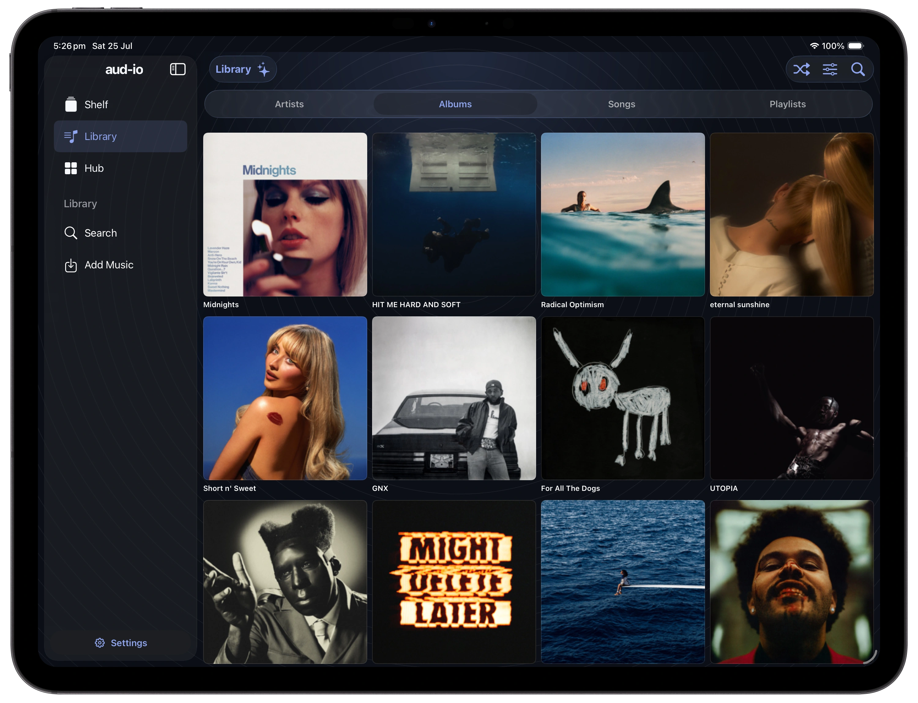 Albums in the aud-io Library shown on an iPad Pro 13-inch (M5)