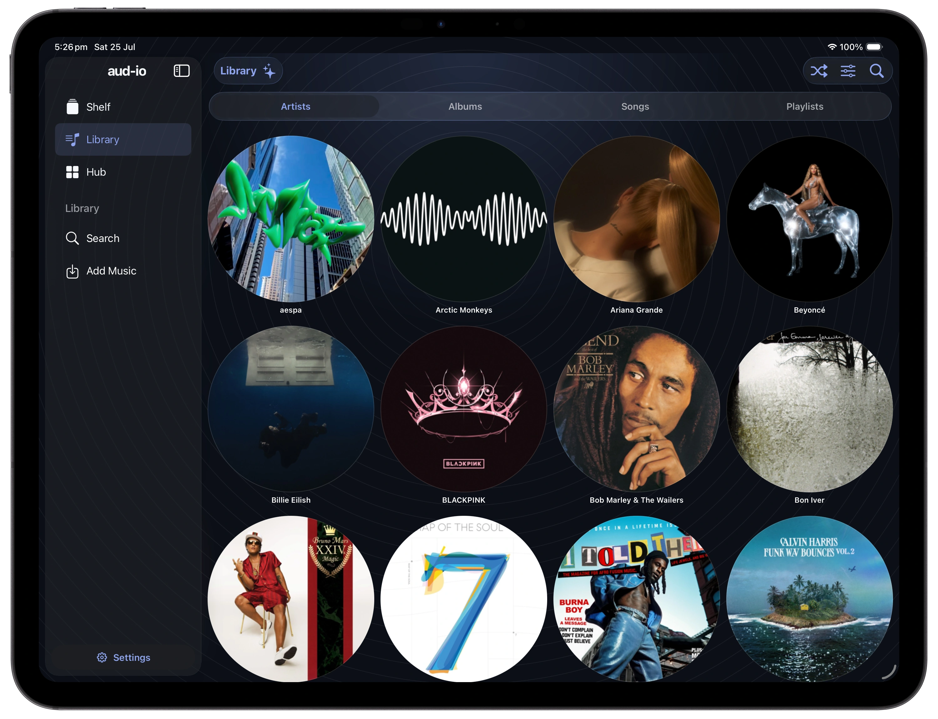 Artists in the aud-io Library shown on an iPad Pro 13-inch (M5)