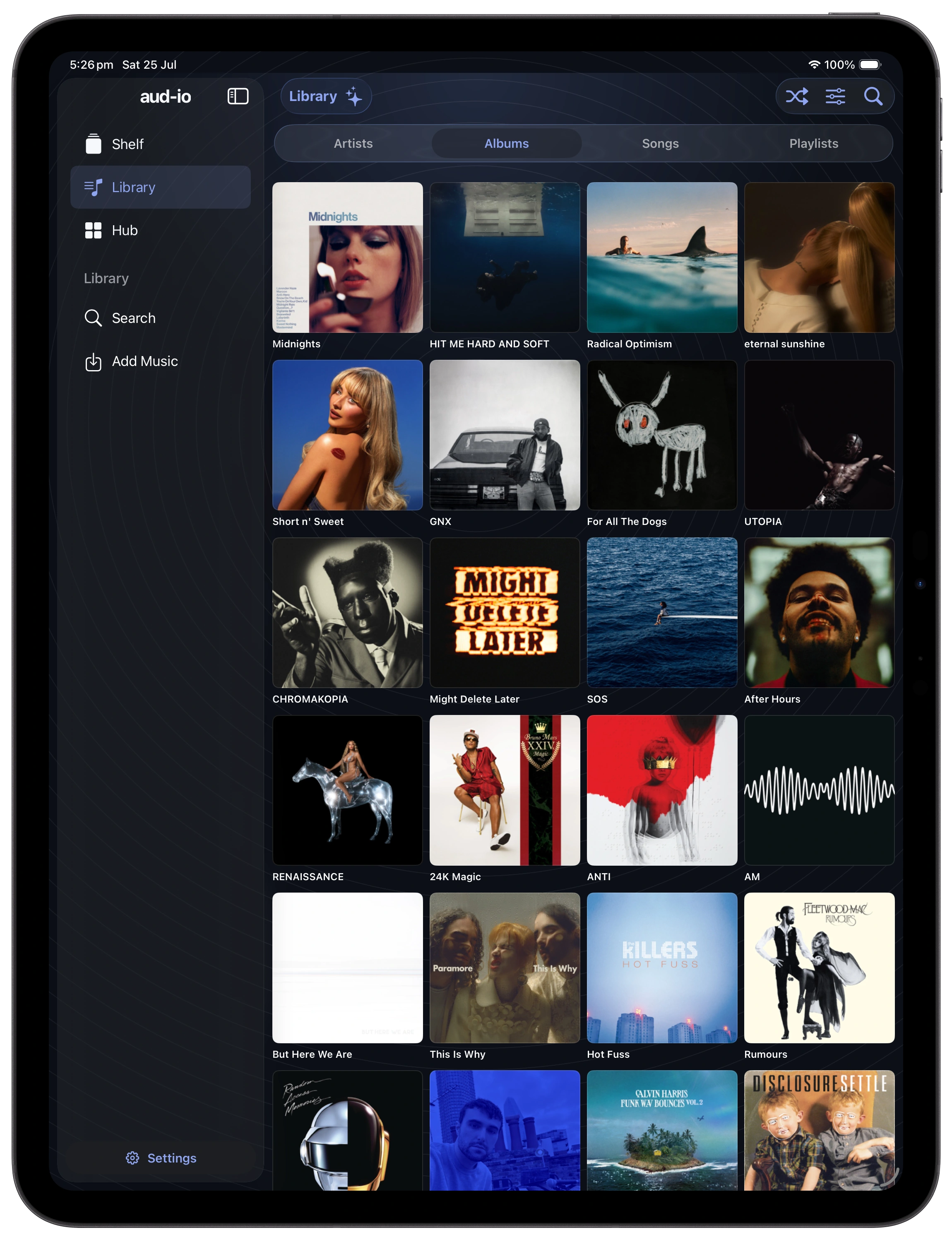 Albums in the aud-io Library in portrait on an iPad Pro 13-inch (M5)