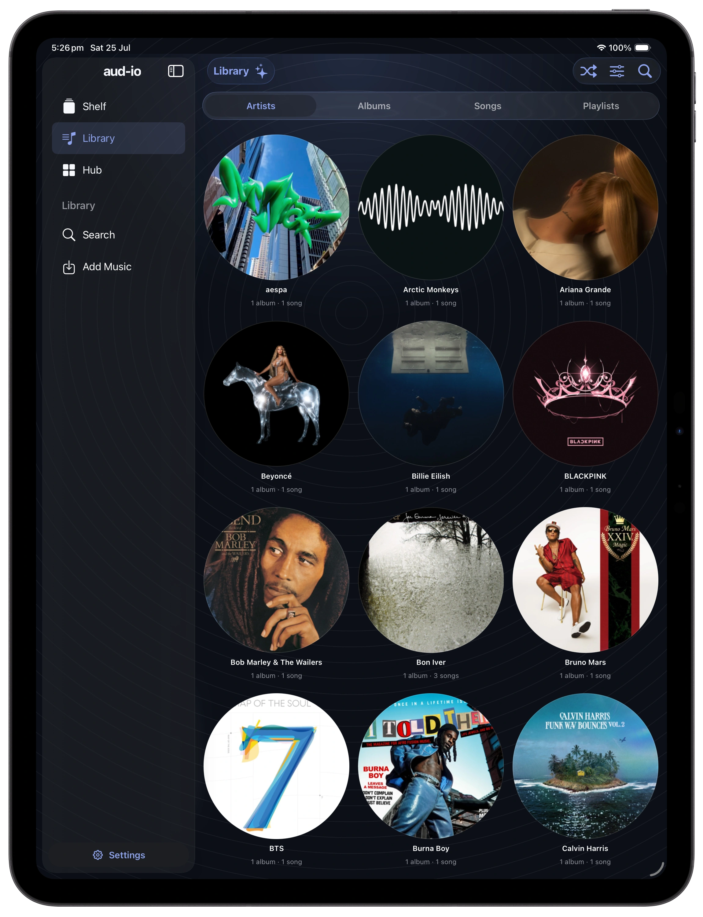 Artists in the aud-io Library in portrait on an iPad Pro 13-inch (M5)