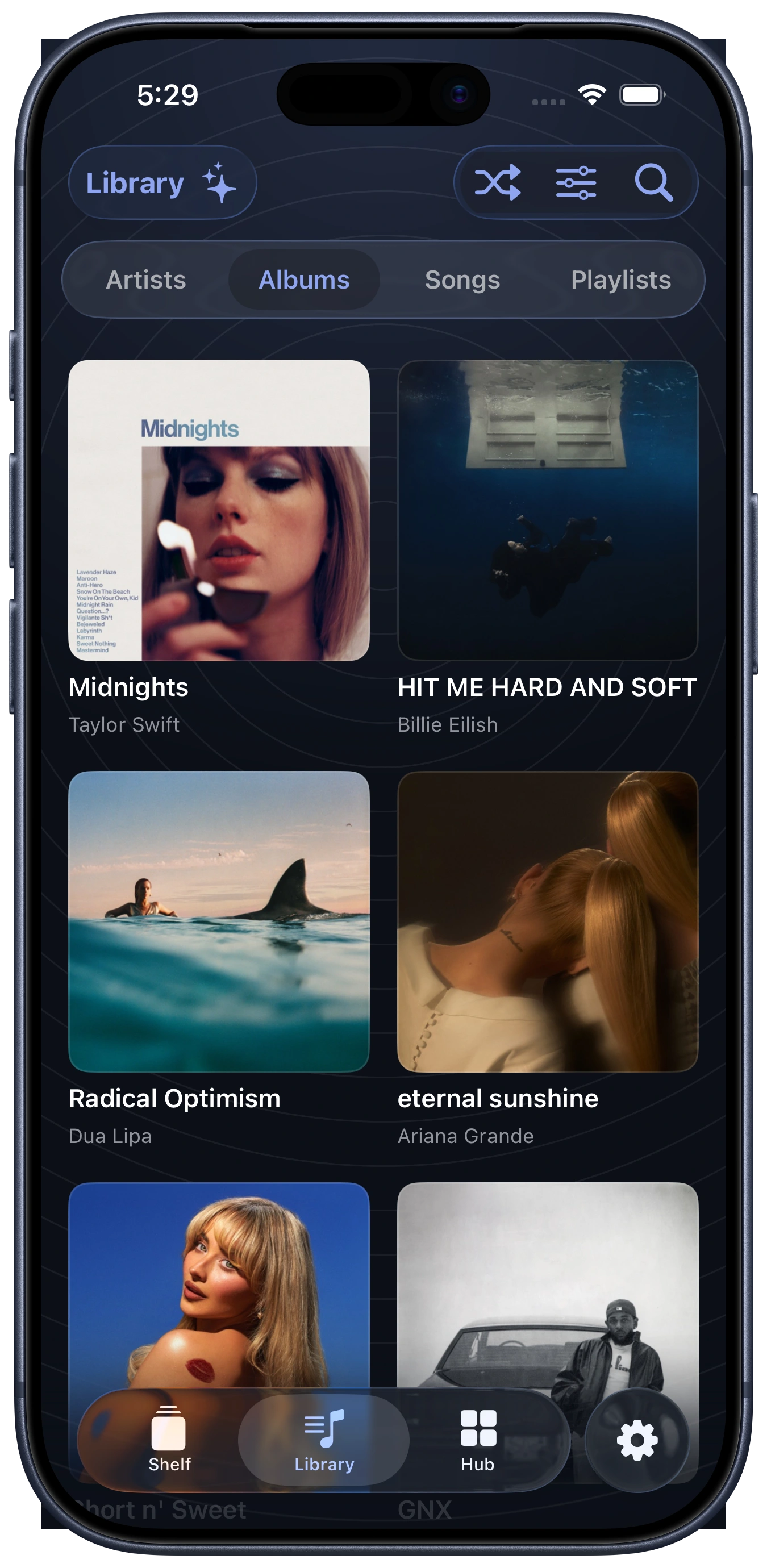 Albums in the aud-io Library shown on an iPhone 17 Pro