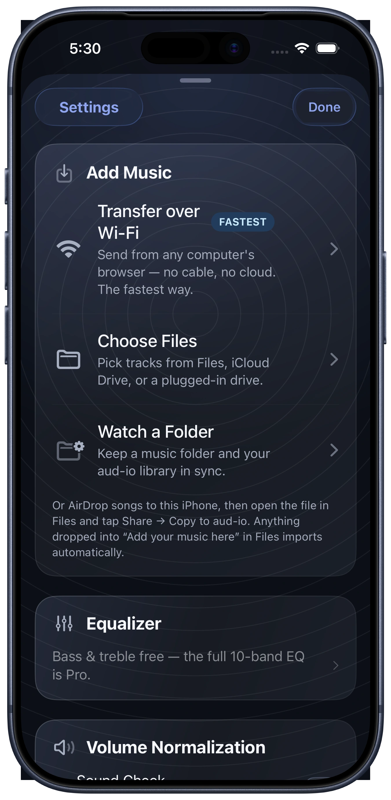 Add Music options in aud-io Settings shown on an iPhone 17 Pro