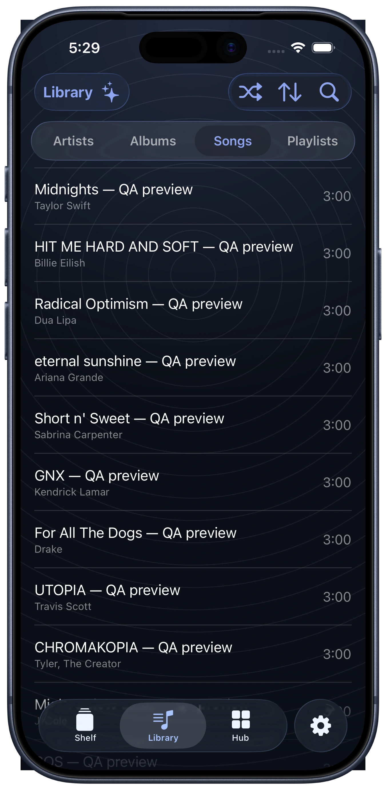 Songs in the aud-io Library shown on an iPhone 17 Pro