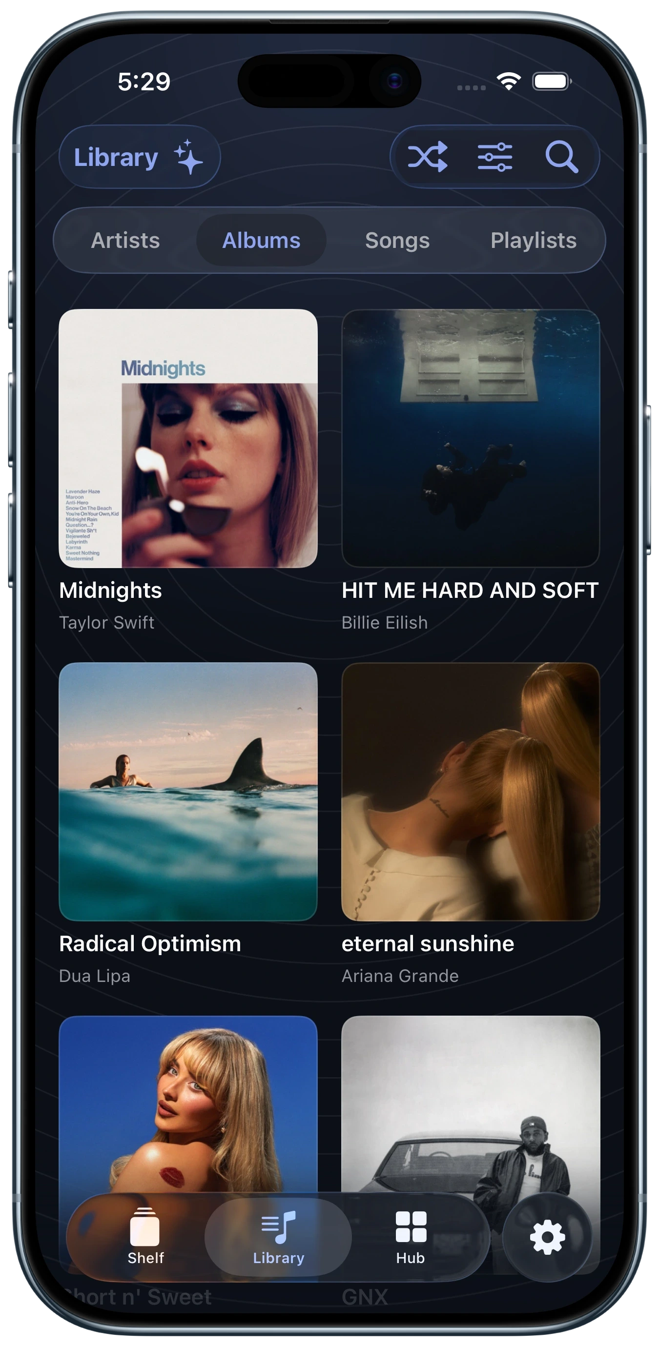 Albums in the aud-io Library shown on an iPhone Air in Sky Blue