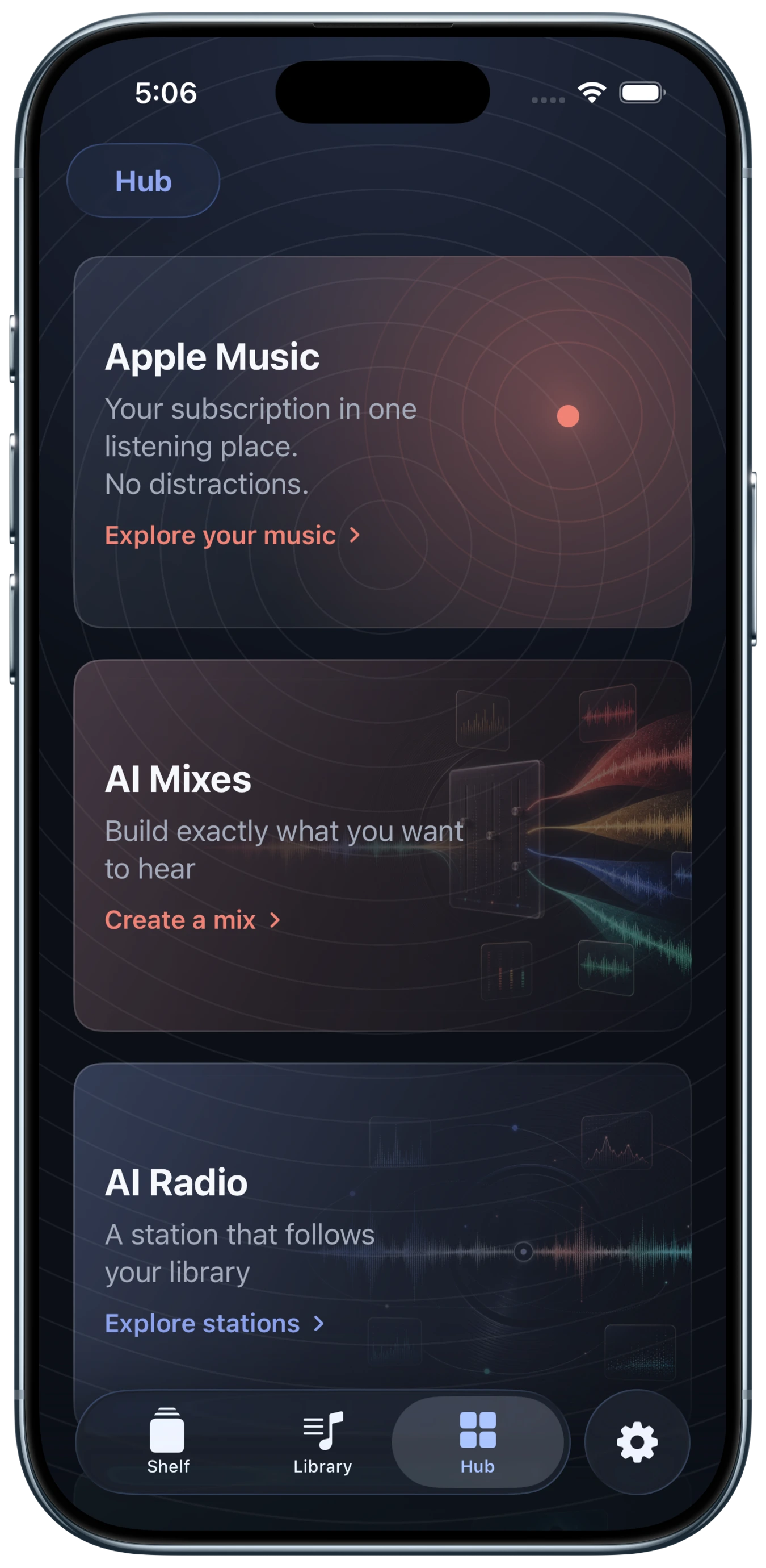 Hub in aud-io shown on an iPhone Air in Sky Blue