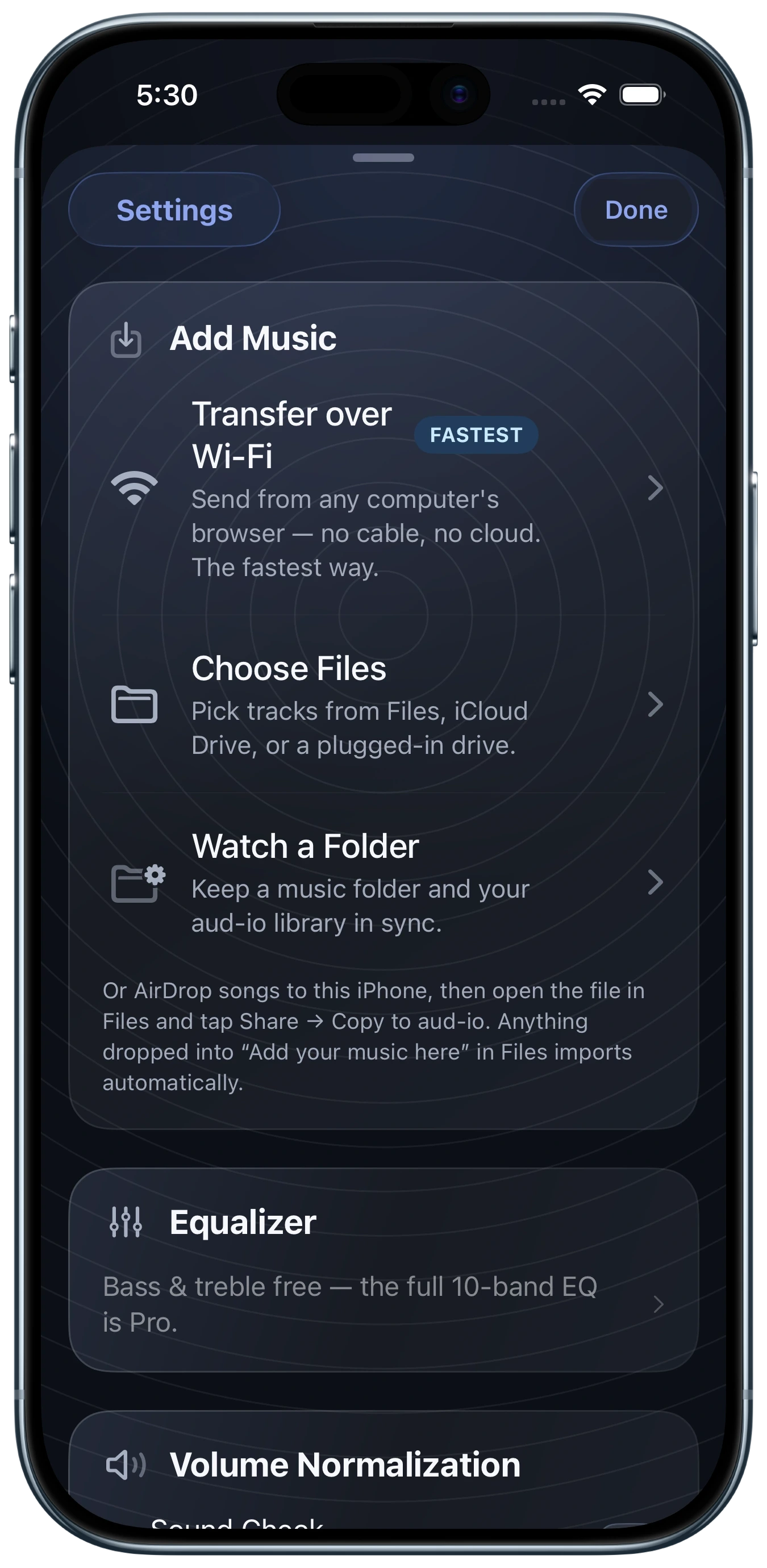 Add Music options in aud-io Settings shown on an iPhone Air in Sky Blue
