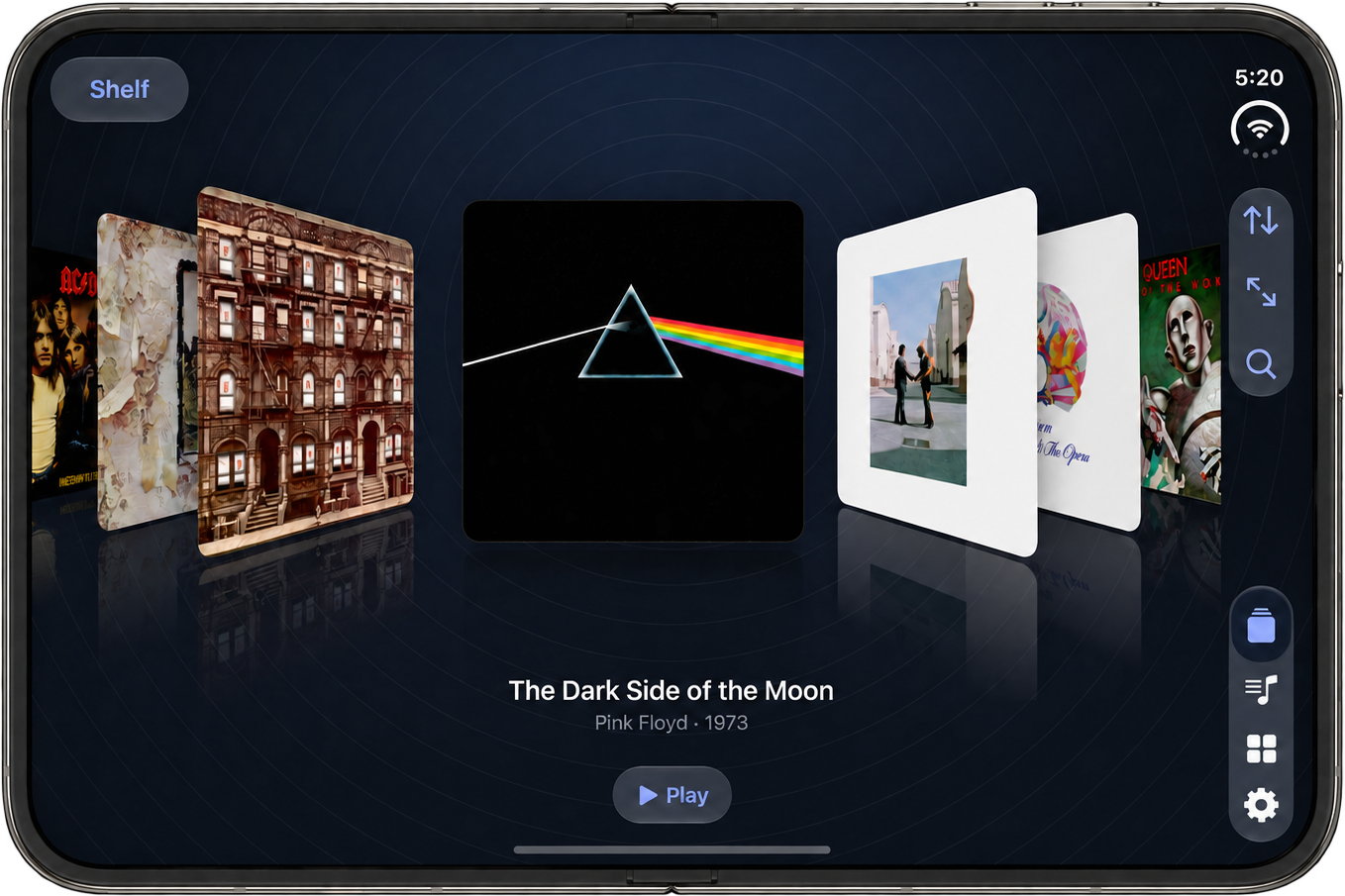 aud-io Shelf development preview on open iPhone Duo in landscape