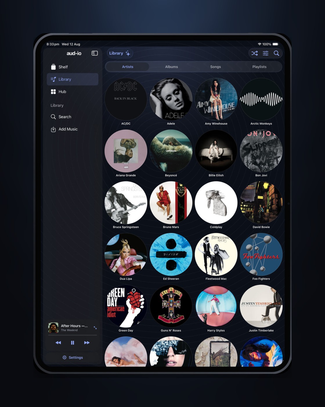 The Artists view in aud-io for iPad.